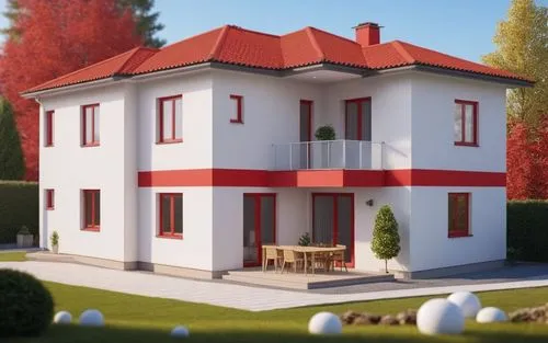 duvarlar kırmızı ve beyaz dış cephe boyası olaçak,this is a nice house with lots of red on the windows,3d rendering,render,3d render,small house,miniature house,3d rendered,sketchup,house painting,lit