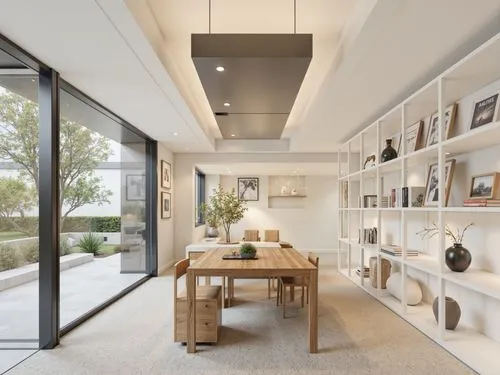 A photo-realistic shoot from the side about a modern, minimalist office space with a long wooden table and shelves filled with decorative items, plants, and framed pictures. the image also shows a lar
