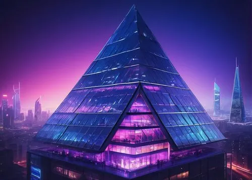 Modern PMDL (Product Modeling Data Language) building, futuristic skyscraper, sleek metal structure, glass facade, triangular shapes, LED lights, cityscape, urban landscape, night scene, vibrant neon 