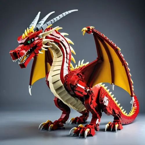The lego dragon. with three heads,a red and yellow dragon toy next to a black background,dragon,dragon design,dragon of earth,fire breathing dragon,painted dragon,dragon fire,black dragon,dragons,fore