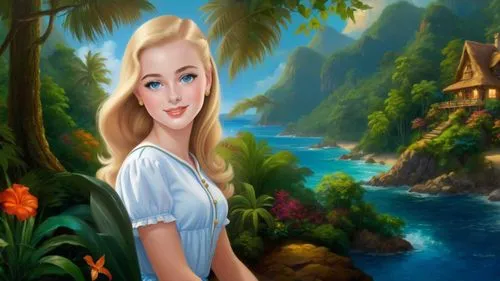 Romantic masterpiece oil painting, beautiful girl portrait, nostalgic 1950's style kitsch, vibrant rainforest, mountaintop cottage landscape, lush tropical jungle paradise, summer beach scenery, by Th