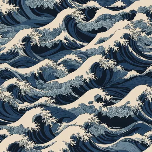 a very large amount of blue and white waves, inspired by Katsuchika Hokusai, tumblr, repeat pattern, art colouring, roberto bernardi, vector images, cloudy, by rainer hosch, style of william morris pr