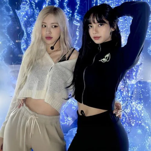 two asian female models one in black is holding her hand up to the camera,goddesses,cube background,queens,visuals,subunit,yin and yang,powerhouses,duo,visual,empresses,yin yang,angels,perfectionists,