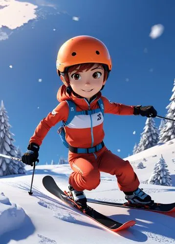 By Tun Tun, an anime red boy is skiing. Snow hill background. Please provide an in-depth critique of my artwork. Assess the composition, balance, and use of color, discussing how these elements contri