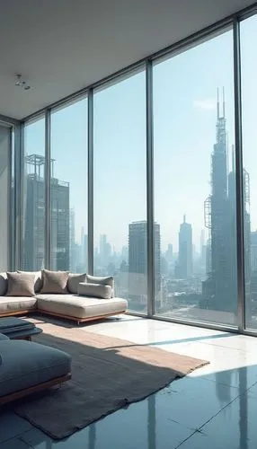A futuristic living room with large windows overlooking the city, simplistic design, clean, glass walls, and floor-to-ceiling glass on one side of the room. The room features sci-fi concept art, conce