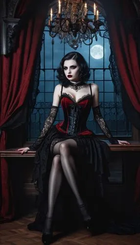 Vampire, dark fantasy, gothic beauty, high-heeled shoes, black patent leather, lace-up front, pointed toes, stiletto heel, slender legs, fishnet stockings, tight skirt, corset, blood-red lips, pale sk