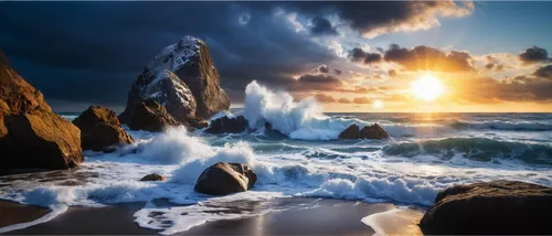 a large rocky outcrop with a group of waves crashing against it,seascape,rocky coast,rocky beach,coastal landscape,seascapes,sea landscape,beach landscape,ocean waves,landscape photography,sunrise bea
