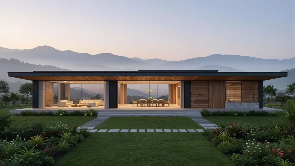 a nice modern house in a garden with mountains in the background