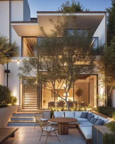 Modern Villa, glass facade, front courtyard with sofa and chairs,the inside of a modern house at night,landscape design sydney,garden design sydney,landscape designers sydney,modern house,fresnaye,mod