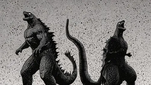 COMIC STYLE, COMIC ART, Tuschelinien, Schatten, dynamische Linienführung, 2000's Comic‑Look, slim black ink outline,two godzillas in black and white by artist mark taylor,scale lizards,basilisks,limb 