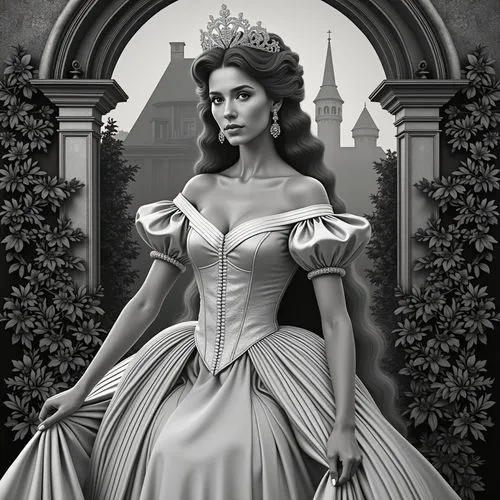 A beautiful, elegant woman with long, wavy brown hair, wearing a stunning, off-the-shoulder, silver corseted dress with puffed sleeves and a flowing skirt. she is seated in the middle of the image, wi