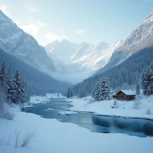 majestic snowcapped mountains with a swiss lodge with a valley of trees,a snow covered valley is full of trees and mountains,winter landscape,snowy landscape,snow landscape,the alps,winter lake,landsc