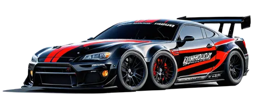 RC car, customized body kit, metallic paint job, shiny wheels, soft rubber tires, detailed suspension system, rear wing, racing stripe decals, dynamic pose, drifting motion, low-angle shot, dramatic l
