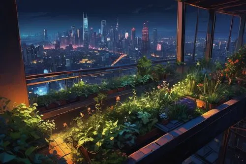  Game Scene, Wild angle view,balcony garden,roof garden,roof terrace,rooftop,above the city,rooftops,greenhouse,cityscape,roof landscape,balcony,block balcony,balcony plants,roof top,paris balcony,win