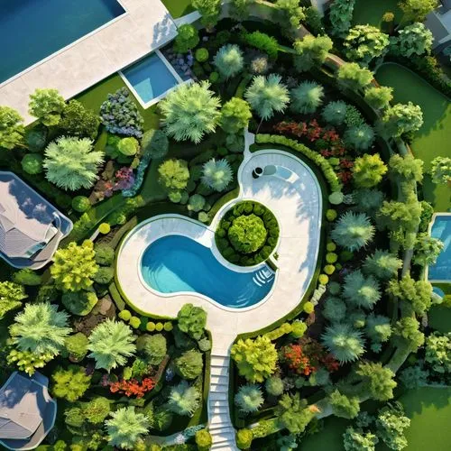 Visualize the floor plan, home design 3 bedroom house,a aerial view of a small park like area,swim ring,floating island,floating islands,artificial islands,koi pond,swimming pool,pools,outdoor pool,in