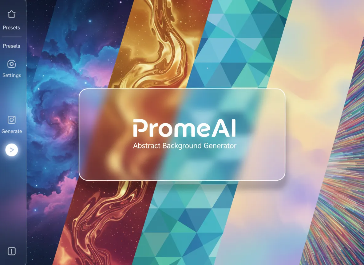 एक एनिमेटेड GIF जो PromeAI इंटरफ़ेस को एक निश्चित ग्लासमॉर्फिज्म कार्ड के पीछे अलग-अलग एब्स्ट्रैक्ट ग्रेडिएंट बैकग्राउंड बनाते हुए दिखा रहा है।