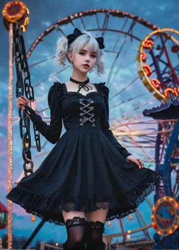 Void-hearted girl, 18yo, pale skin, silver hair, messy twin tails, dark circles under eyes, intricate heart-shaped lock necklace, black Gothic Lolita dress, lace stockings, leather boots, standing alo