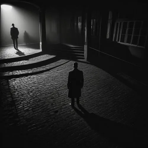Surreal Cinematic Minimalistic Shot in the style of Film Noir --v 5.2 --s 500 --c 20 --ar 9:16,an image of man walking down a brick alley,steindler,film noir,noirish,noir,darktown,silhouette of man,sh