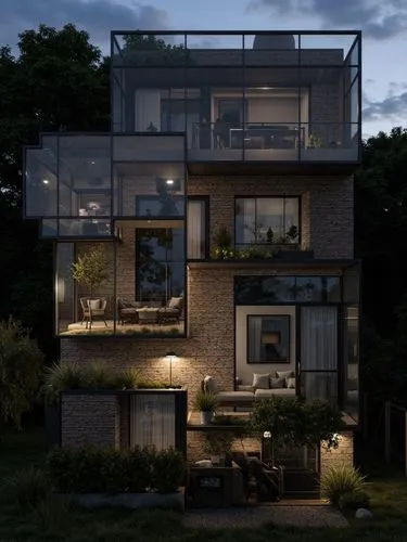 a house in the night is lit up with a few lights,modern house,residential,an apartment,apartments,contemporary,render,modern architecture,cubic house,renders,apartment house,sky apartment,apartment bu