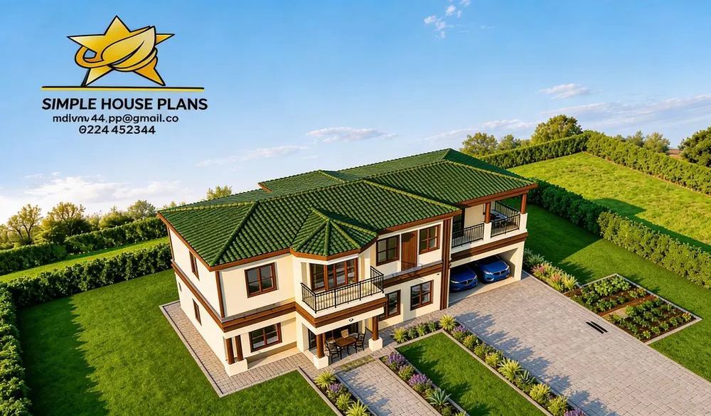 an aerial view of a two story house with an expansive garden