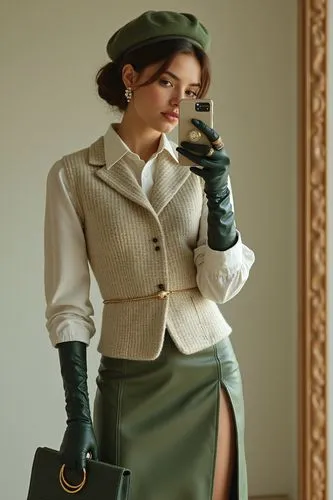 A rich model teenage girl takes an amateur mirror selfie with a low-quality phone, proudly showcasing her chic two-piece outfit designed to highlight her stunningly exaggerated thigh-high boots with s