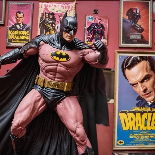 a statue sitting next to a bunch of posters on a wall,collectible action figures,batman,batmen,vintage toys,comic books,collectables,collectibles,model kit,comic characters,attic treasures,batterers,c
