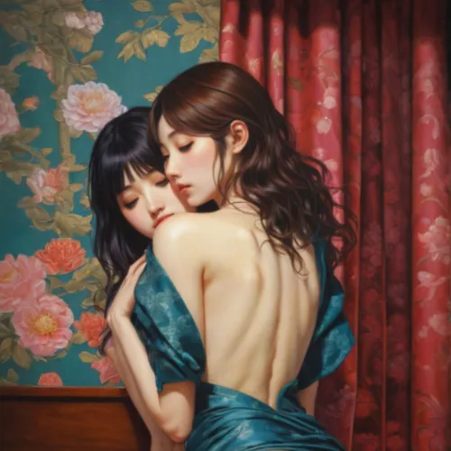 kimjongilia,amorous,girl kiss,romantic portrait,two girls,oil painting on canvas,oil painting,porcelain dolls,oil on canvas,whispering,lovers,janome chow,parfum,young couple,joint dolls,secret,orienta