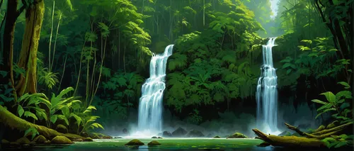 a waterfall surrounded by tropical vegetation and rocks,green waterfall,water falls,waterfall,waterfalls,water fall,ash falls,rainforest,a small waterfall,brown waterfall,rainforests,cartoon video gam