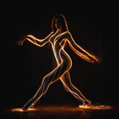 aracna is a fictional character on the animated television series   . realistic photo    hot dark,a woman is dancing in the dark with light painting,neon body painting,light drawing,drawing with light