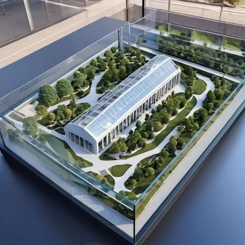 A architectural  model in a display case
,a large glass case sitting on top of a table,chancellery,sewage treatment plant,school design,biotechnology research institute,sanatoriums,solar cell base,syn