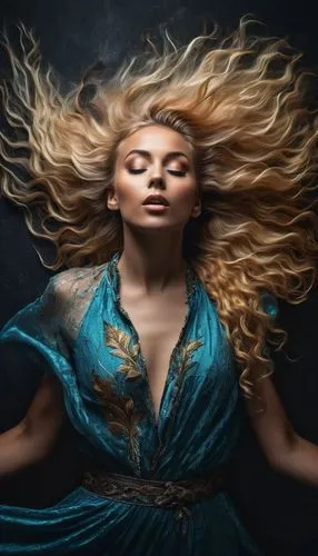 An ethereal and captivating portrait: A blonde woman with abundant, vibrant hair, her eyes closed, giving air kisses. Her vibrant locks, hiding one of her eyes, add mystery and sensuality. The dark ba