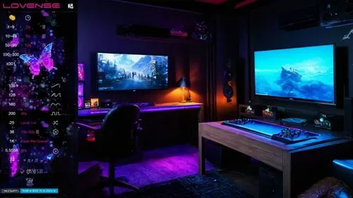 КОМНАТА ГЕЙМЕРА
,the room has two flat screen monitors and a desk with gaming gear on it,computer room,desktop view,desktop,cool backgrounds,blue room,purple wallpaper,computer art,computer workstatio
