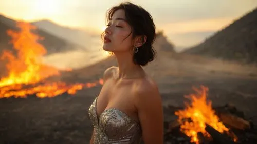 wildfires, embers, rain,a woman stands in front of a blazing fire,fire angel,wildfire,firewalking,cinder,fire background,scorched,kupala,burning hair,afterburning,firestarter,kahlan,fire siren,katniss