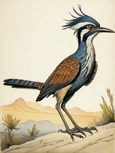 Describe a magical encounter between a roadrunner and a mystical creature.,roadrunner,lophophanes cristatus,charadriiformes,platycercus,pyrrhocorax graculus,platycercus elegans,haliaeetus vocifer,garr
