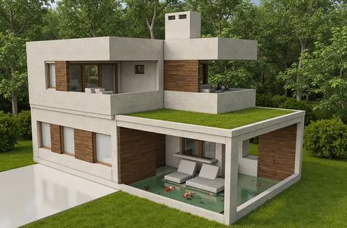dos casas linderas , minimalistas , de estilos diferentes , con paredes de mamposteria estucada , en colores engamados y carpinterias de madera , panelo solar en el techo  y un jardin circundate , con