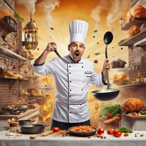 Create a light-hearted comedy about a clumsy chef competing in a prestigious cooking competition.,cooking book cover,chef,men chef,food and cooking,sicilian cuisine,cooking show,cookware and bakeware,