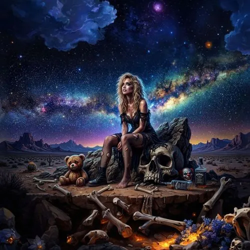 a painting of a woman sitting on a rock,fantasy picture,fantasy art,star mother,sci fiction illustration,fantasy portrait,birds of prey-night,world digital painting,fantasy woman,girl with dog,star il