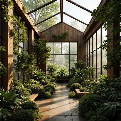 Lush greenhouse interior, natural light filtering, warm earthy tones, moss-covered walls, reclaimed wood accents, vibrant greenery, tropical plants, misting system, soft warm lighting, 1/1 composition