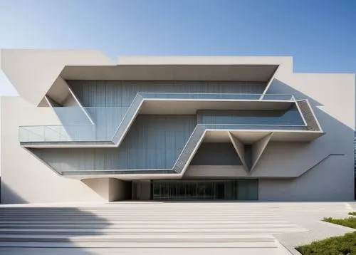 A futuristic cultural and art museum with an organic form, featuring bold, sculptural facades made entirely of densely packed vertical white louvers. These louvers are the architectural highlight—eleg