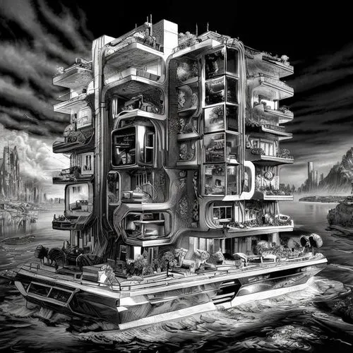 hashima,ghost ship,artificial island,panopticon,biomechanical,costa concordia,gunkanjima,the boiler room,heavy water factory,houseboat,apartment block,habitat 67,sea fantasy,fallout shelter,escher,gho