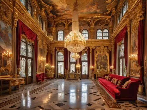 Baroque-style grand palace, intricate stone carvings, ornate golden details, high ceilings, stained glass windows, majestic columns, red velvet curtains, marble floors, grand staircase, luxurious chan