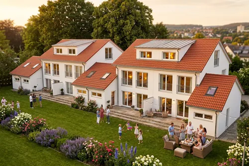erzeuge eine fotorealistische Darstellung des Gebäudes, aber verändere die Architektur und den Blickwinkel nicht, feiernde Menschen und Kinder im Garten, warmes Licht, große Bäume im Hintergrund, gepf