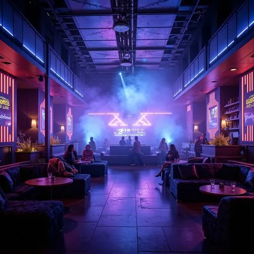 Vibrant nightclub atmosphere, dark blue and purple hues, strobe lights, laser beams, fog machines, mirrored ceilings, LED walls, pulsating rhythms, dynamic lighting effects, flashing dance floor, neon