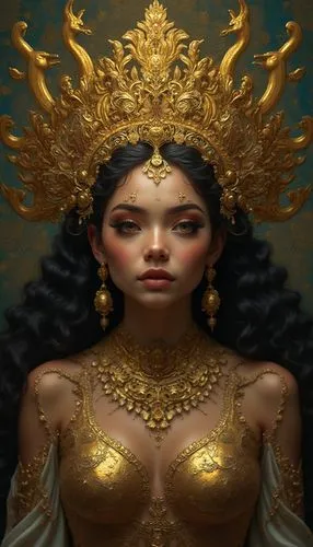 A stunning digital portrait comes to life with a central focus, featuring intricate gold headdress and golden earrings. Intricate motifs, vibrant background, and enigmatic atmosphere create a unique n