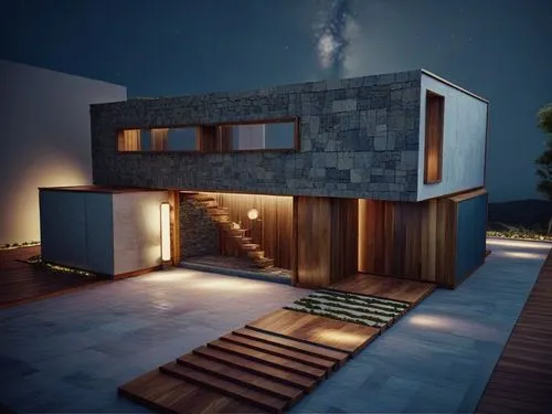 modern house at night with stairway to the upper floor,3d rendering,cubic house,modern house,render,3d render,renders,cube house,mid century house,modern architecture,revit,sketchup,3d rendered,dreamh