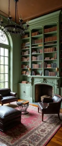 A refined and traditional indoor space, featuring an expansive bookshelf painted in soft sage green, perfectly harmonized with warm wooden floors. The design incorporates classic details like arched w
