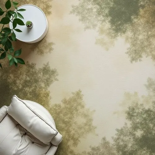 abstract beige and green rug, home staging,ikea style,top view of the living room and sofa with plant next to it,intensely green hornbeam wallpaper,yellow wallpaper,damask background,wallpapering,lemo