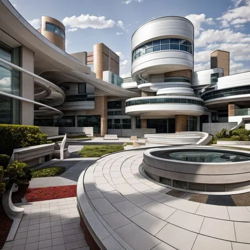 futuristic architecture,walt disney center,futuristic art museum,hospital landing pad,getty centre,modern architecture,guggenheim museum,business school,oval forum,corporate headquarters,company headq