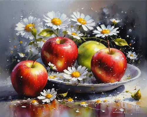 apples,chamomile. with oil.fluid art.glitter,a painting of four apples and daisies on a plate,red apples,bowl of fruit in rain,blossoming apple tree,apples,apple tree,apple trees,oil painting on canva