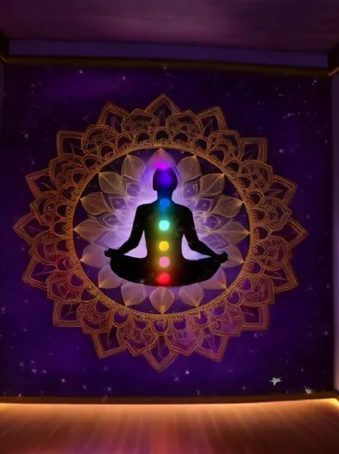 a person sitting in the center of a lotus wheel with chakragrams on it,chakras,surya namaste,heart chakra,solar plexus chakra,earth chakra,crown chakra